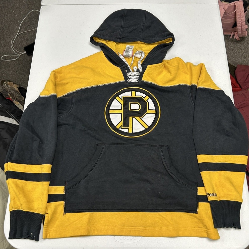 Reebok NHL Boston Bruins Hoodie Mens Small Black Yellow Lace Up Distressed F2